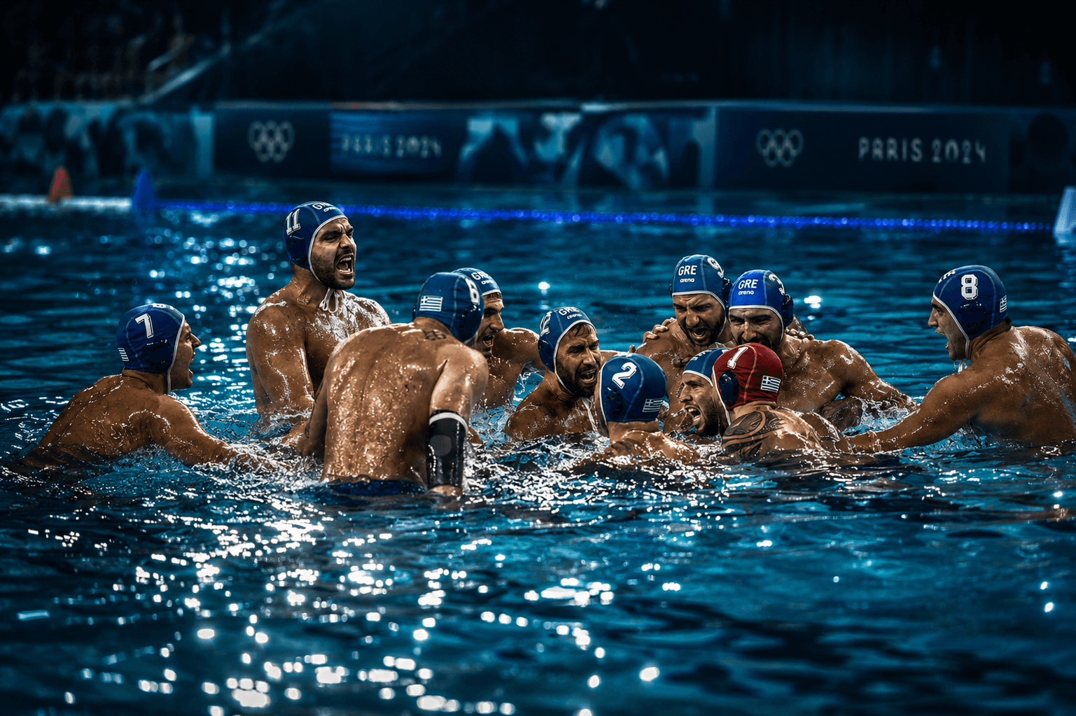 Water polo team huddle in the pool